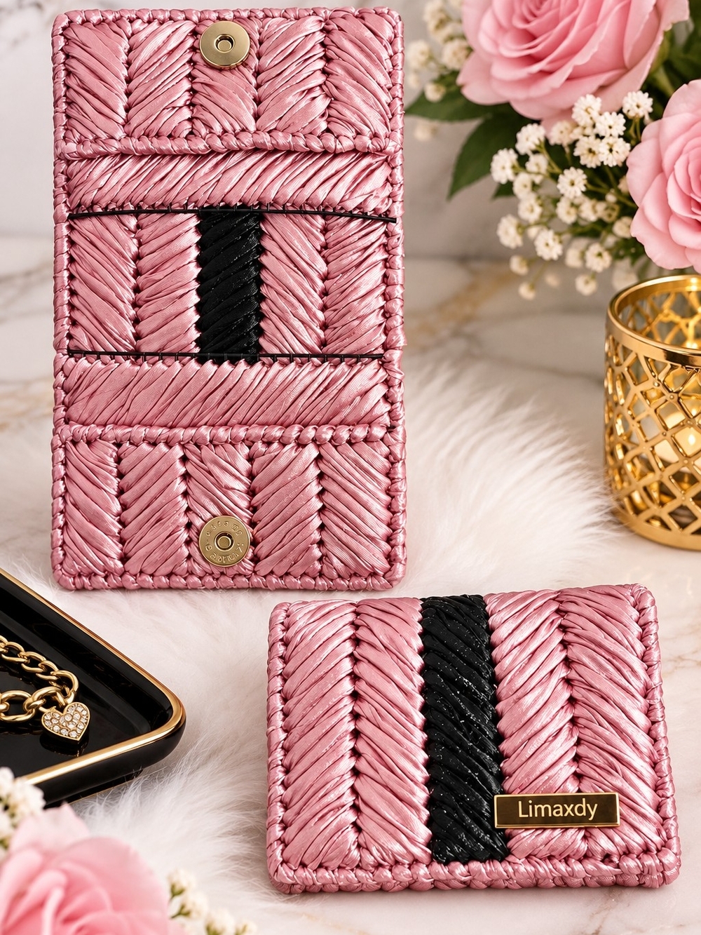 Pink Woven Card Holder with Black Accent
